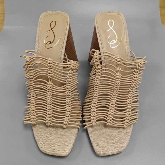 $140 SAM EDELMAN Laurette Block Heels Sandals Strappy Woven Elastic Almond 8.5 - Picture 4 of 10